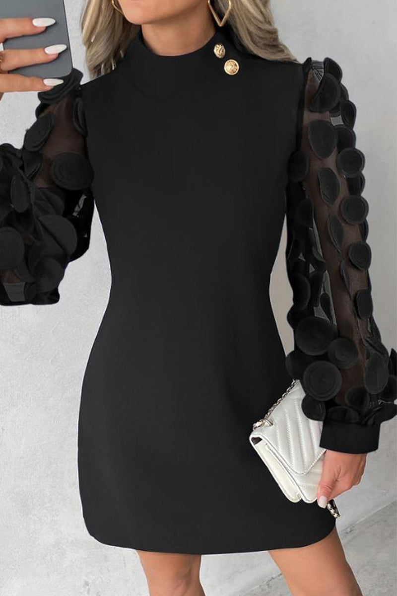 Elegant Solid Buttons Appliques Half A Turtleneck A Line Dresses - Fashionpara