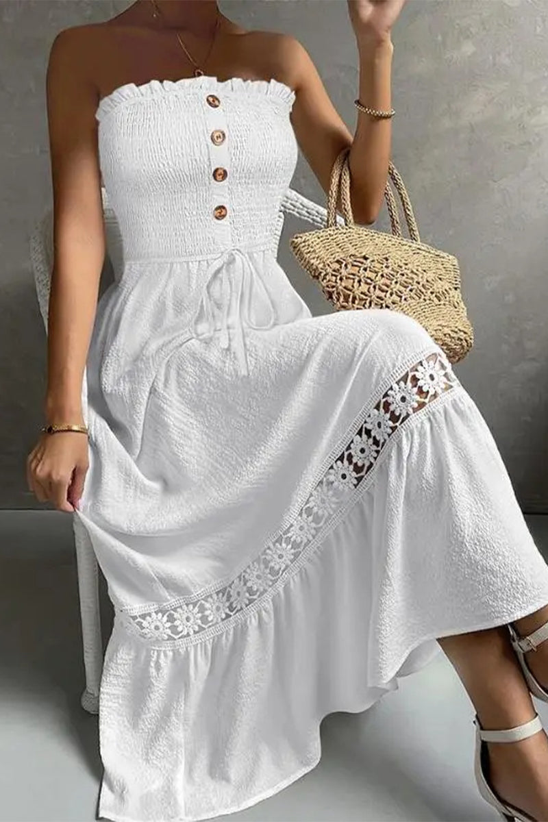 Sexy Vacation Solid Lace Buttons Strapless Strapless Dress Dresses - Fashionpara