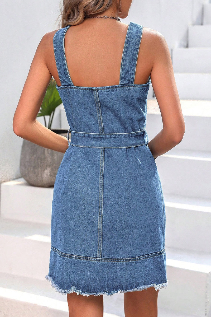 Casual Solid Buckle With Belt Square Collar Sleeveless Regular Denim Dresses - Fashionpara