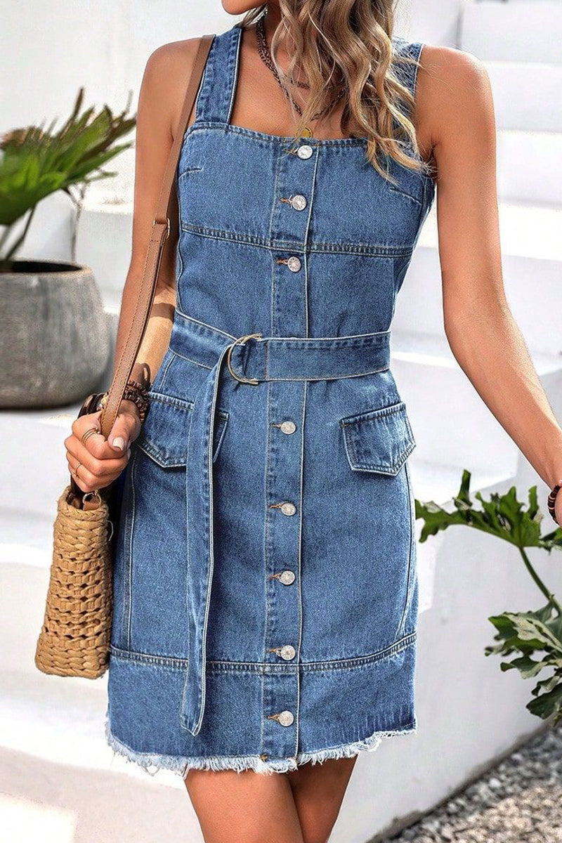 Casual Solid Buckle With Belt Square Collar Sleeveless Regular Denim Dresses - Fashionpara