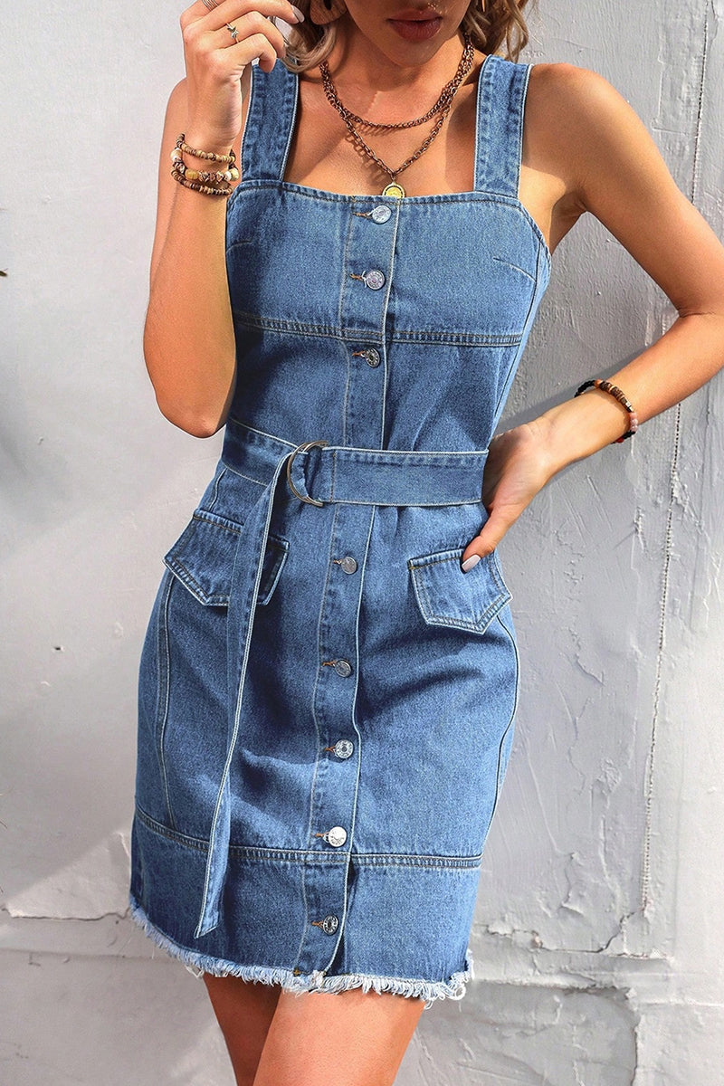 Casual Solid Buckle With Belt Square Collar Sleeveless Regular Denim Dresses - Fashionpara