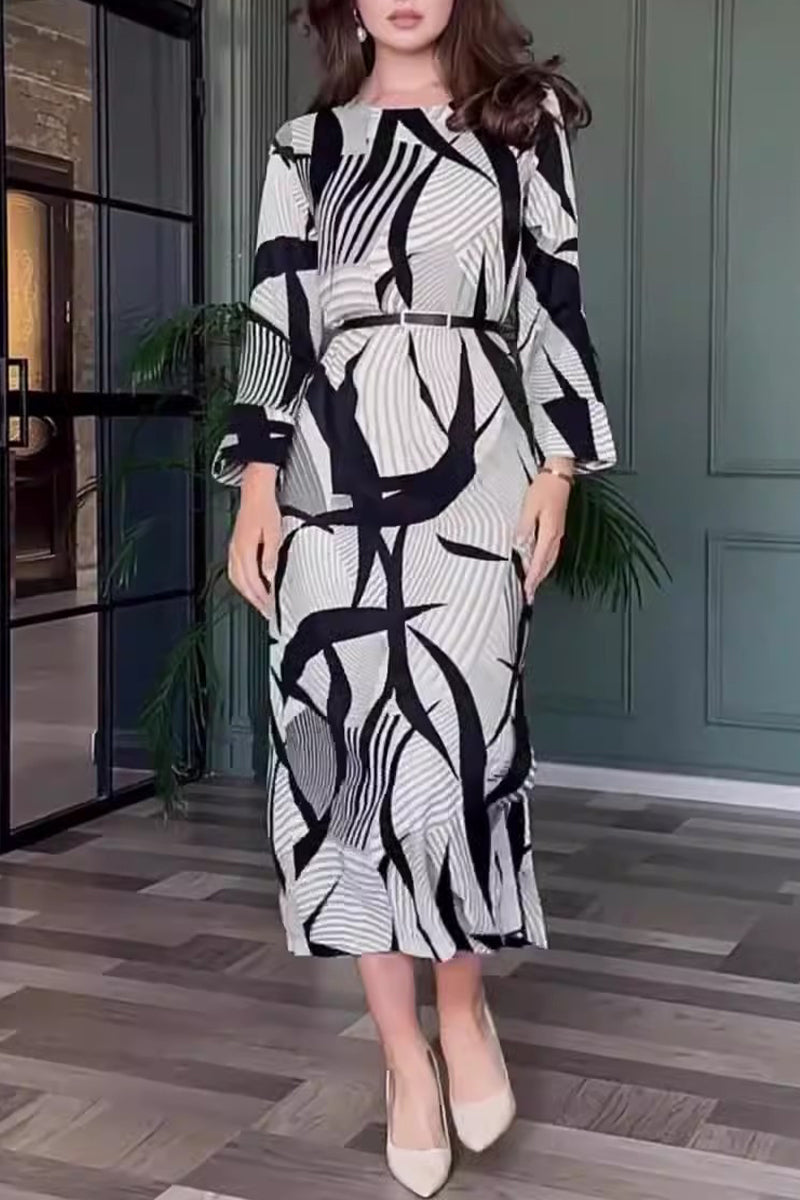 Elegant Striped Print With Belt Zipper O Neck A Line Dresses