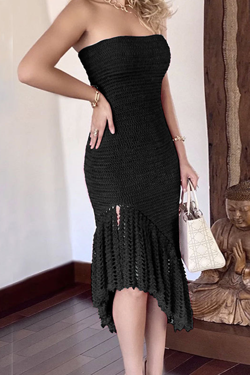 Sexy Vacation Solid Tassel Hollowed Out Asymmetrical Strapless Beach Dress Dresses - Fashionpara