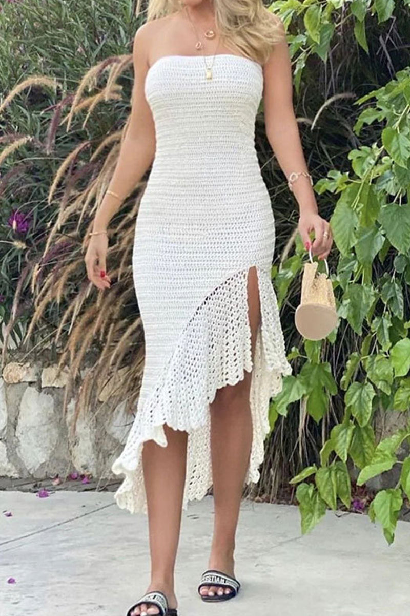 Sexy Vacation Solid Tassel Hollowed Out Asymmetrical Strapless Beach Dress Dresses - Fashionpara