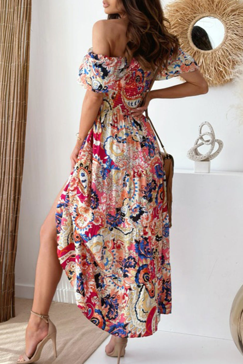 Sexy Vacation Floral Slit Off the Shoulder Printed Dress Dresses - Fashionpara