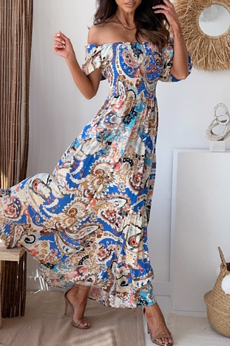 Sexy Vacation Floral Slit Off the Shoulder Printed Dress Dresses - Fashionpara