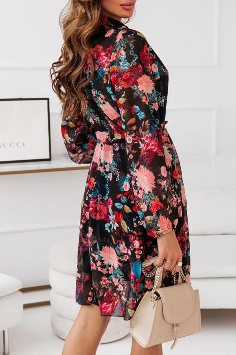 Vintage Elegant Floral Buttons V Neck A Line Dresses