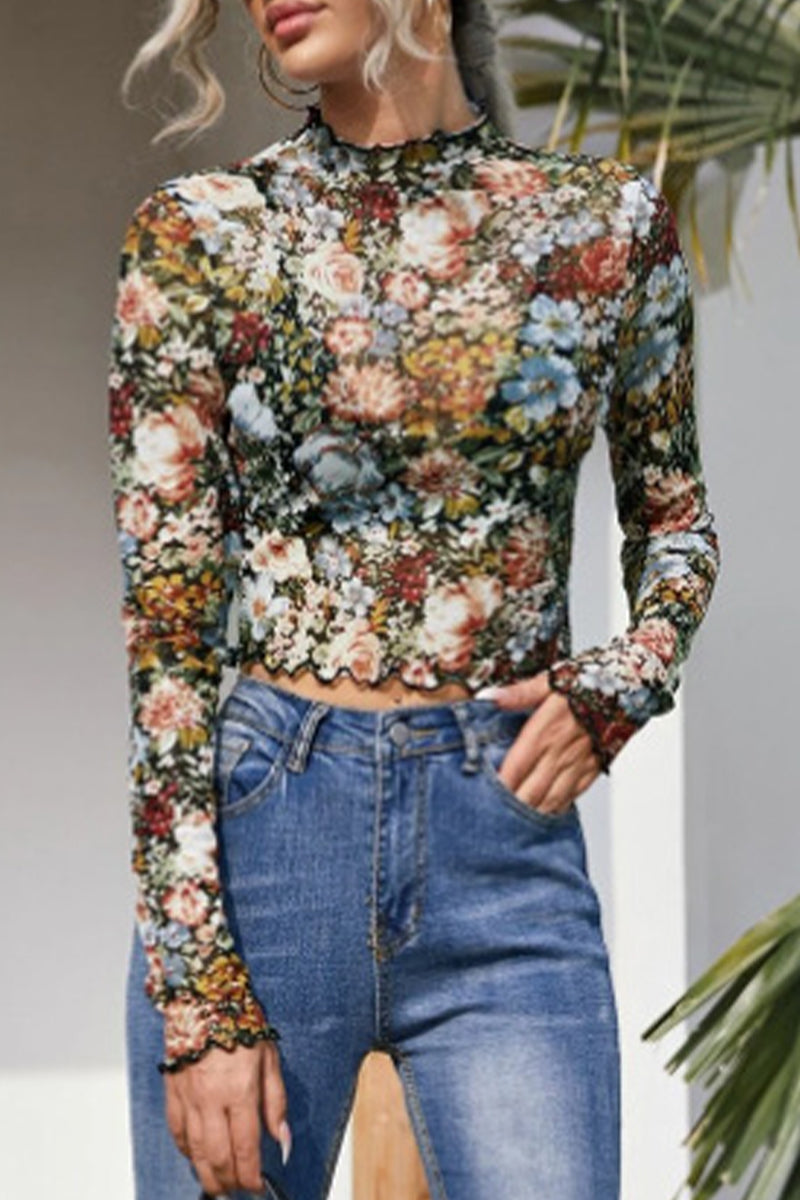 Elegant Floral Stringy Selvedge Half A Turtleneck Tops