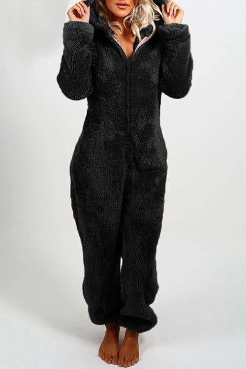 Fuzzy Hoodie Collar Jumpsuit Pajamas - Fashionpara