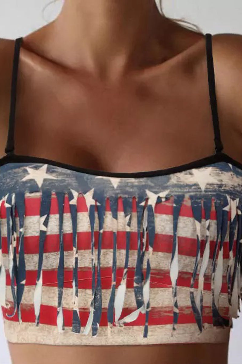 American Flag Star Striped Tassel Crop Top