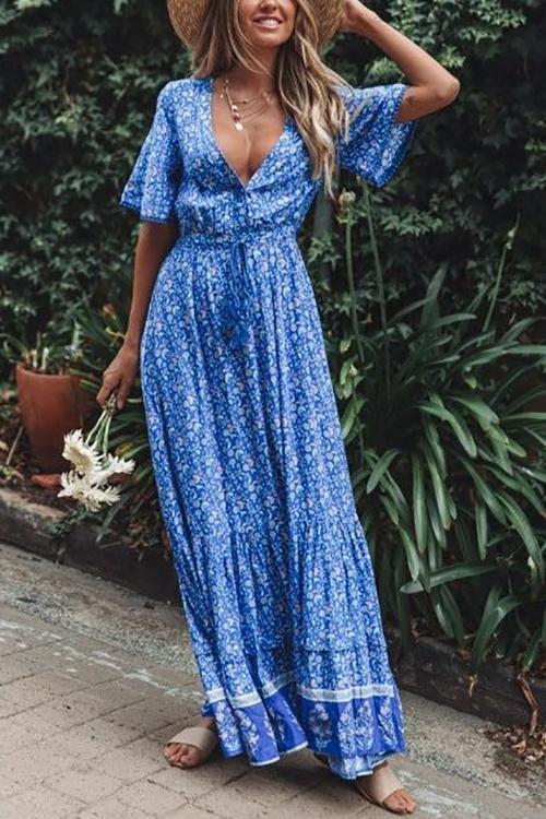 Floral Print Short Sleeve Maxi Dress - Fashionpara