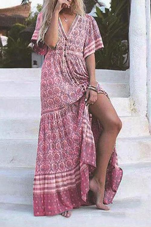 Print V Neck Short Sleeve Maxi Dress - Fashionpara