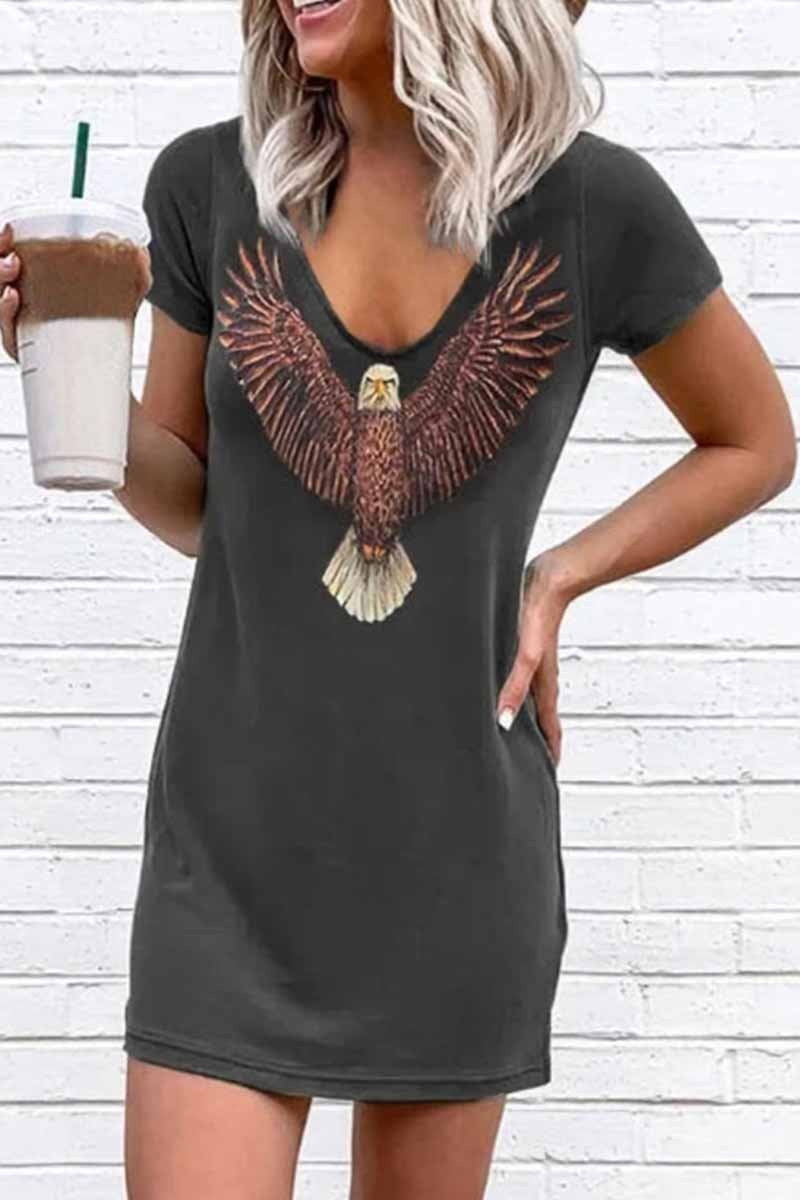 Florcoo Loose V-Neck Eagle Print Short Sleeves Mini Dress - Fashionpara