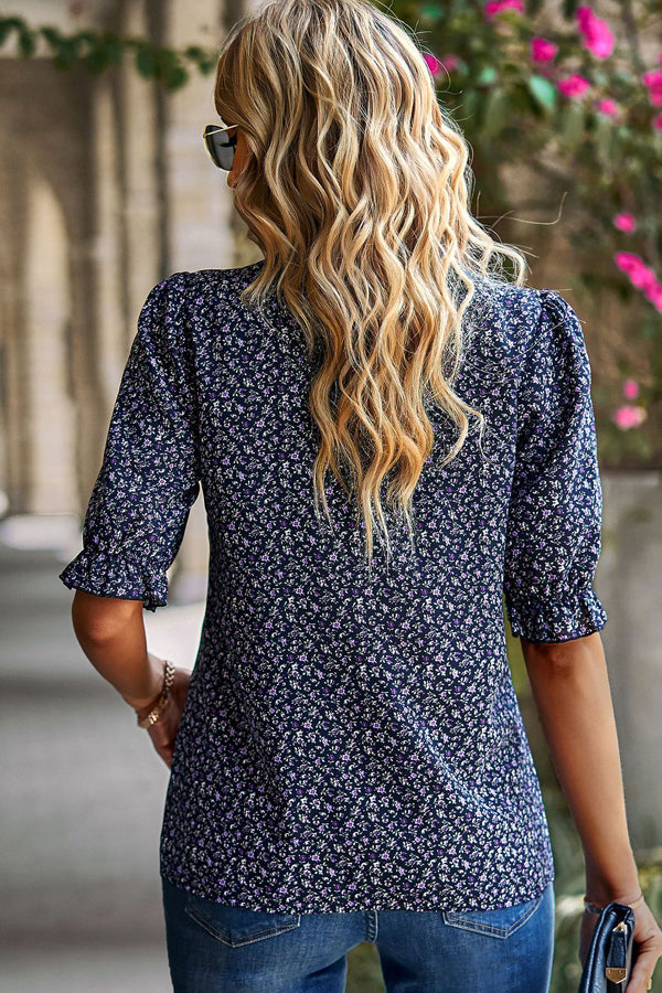 Floral Print Short Sleeve Ruffled Casual Tops