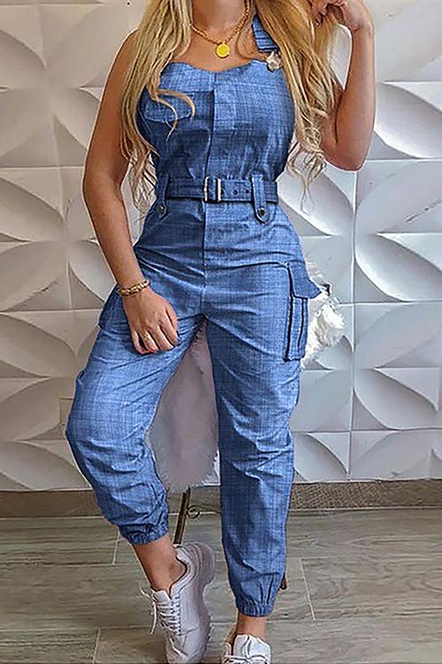 Pockets Belted Sleeveless Overall - Fashionpara