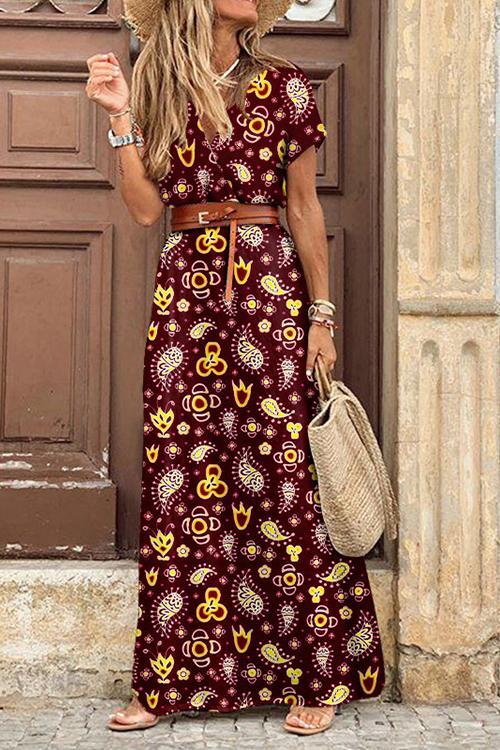 Print Short Sleeve Maxi Dress - Fashionpara