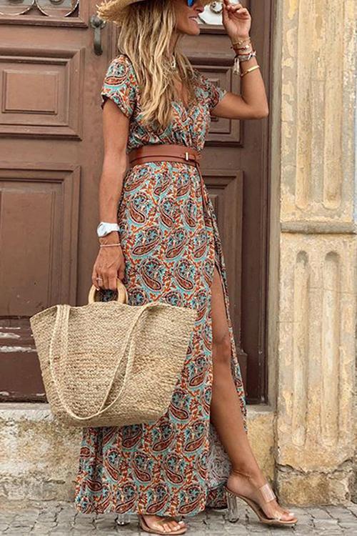 Print Short Sleeve Maxi Dress - Fashionpara