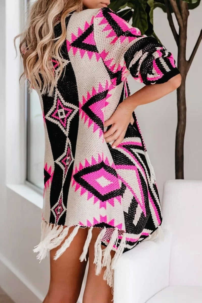 Geometric Print Tassel Design Cardigan