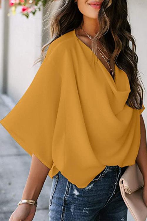 Drape V Neck Bell Sleeve Blouse - Fashionpara