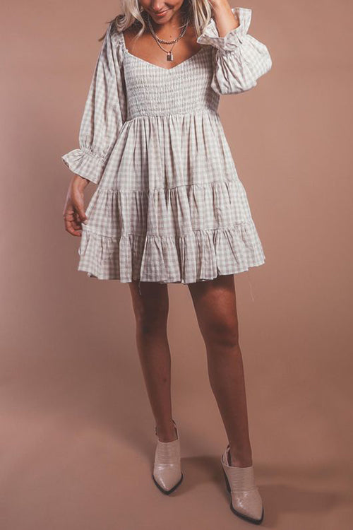 Smocked Gingham Babydoll Dress - Fashionpara