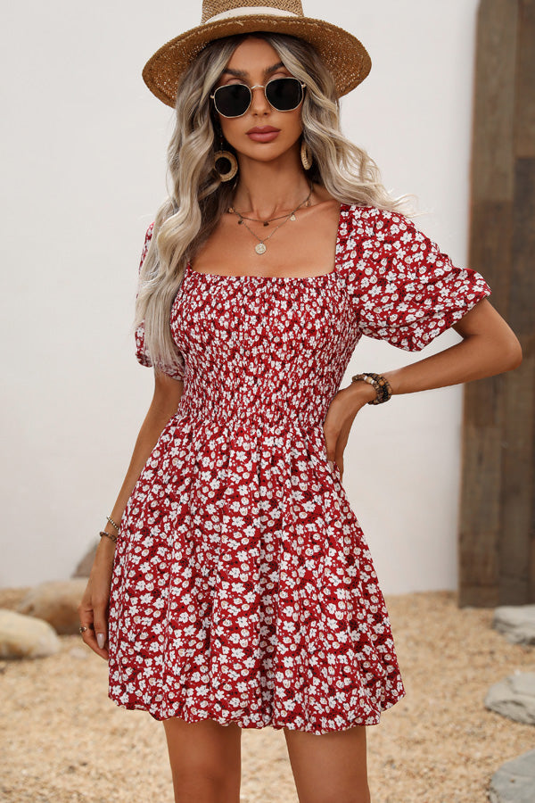 Floral Print Puff Sleeves Ruffled Mini Dress – Fashionpara