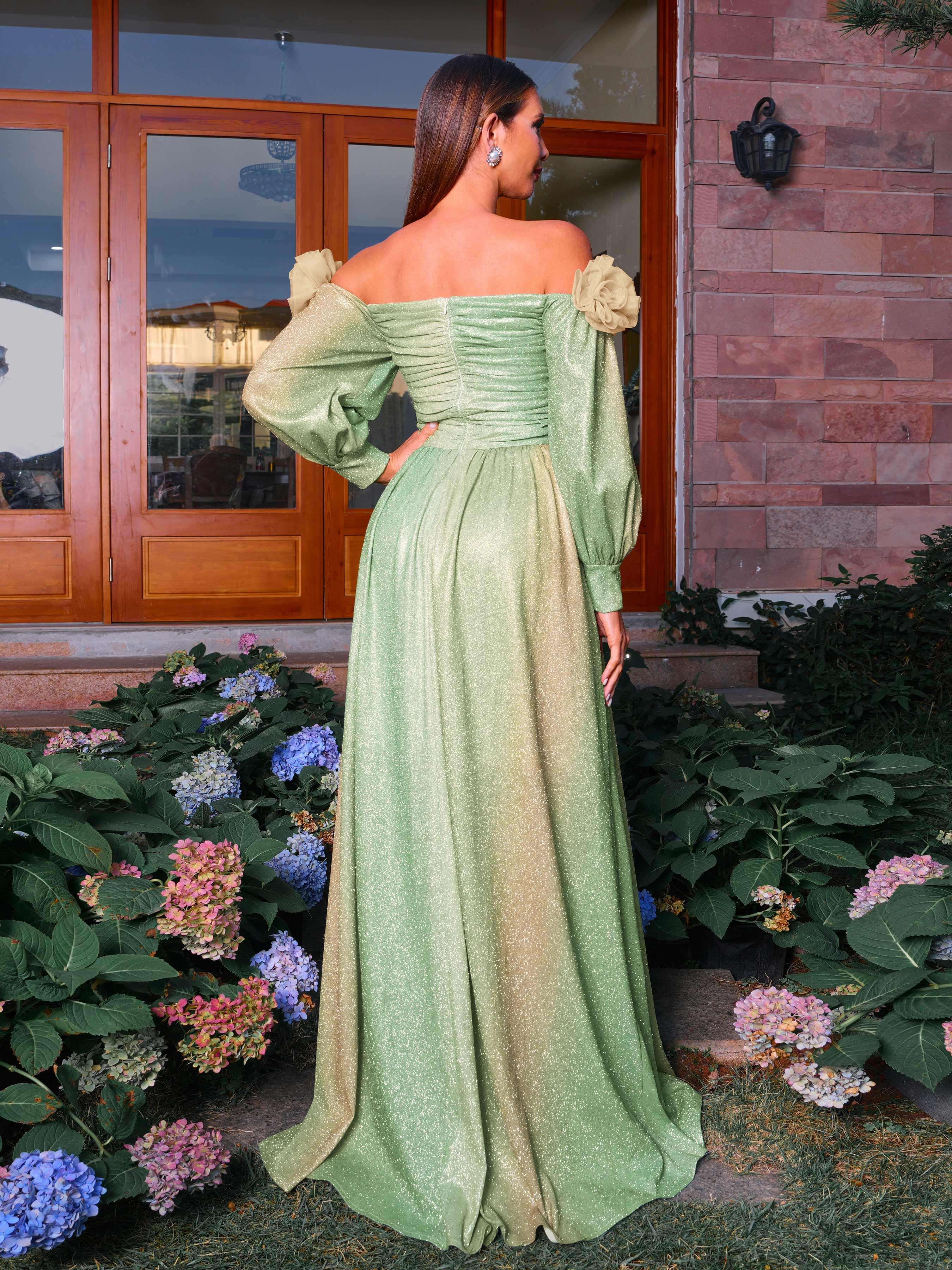 Strapless Appliqued Lantern Sleeve Prom Dress RJ11172