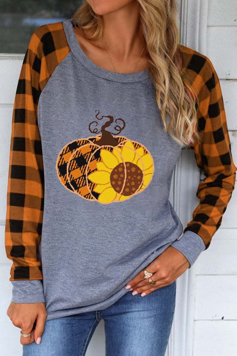 Women's T-shirts Plaid Pumpkin Print T-shirt