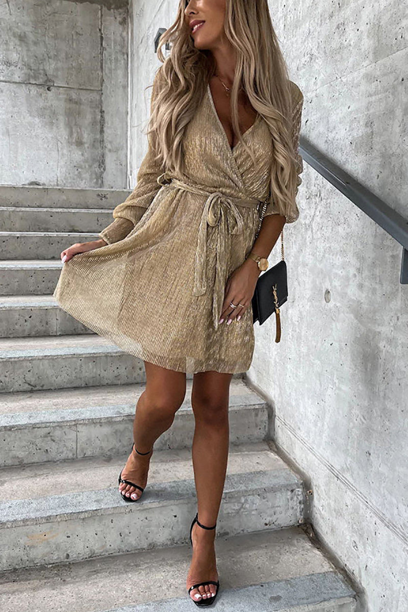 Pleated Long Sleeve Wrap Mini Dress - Fashionpara