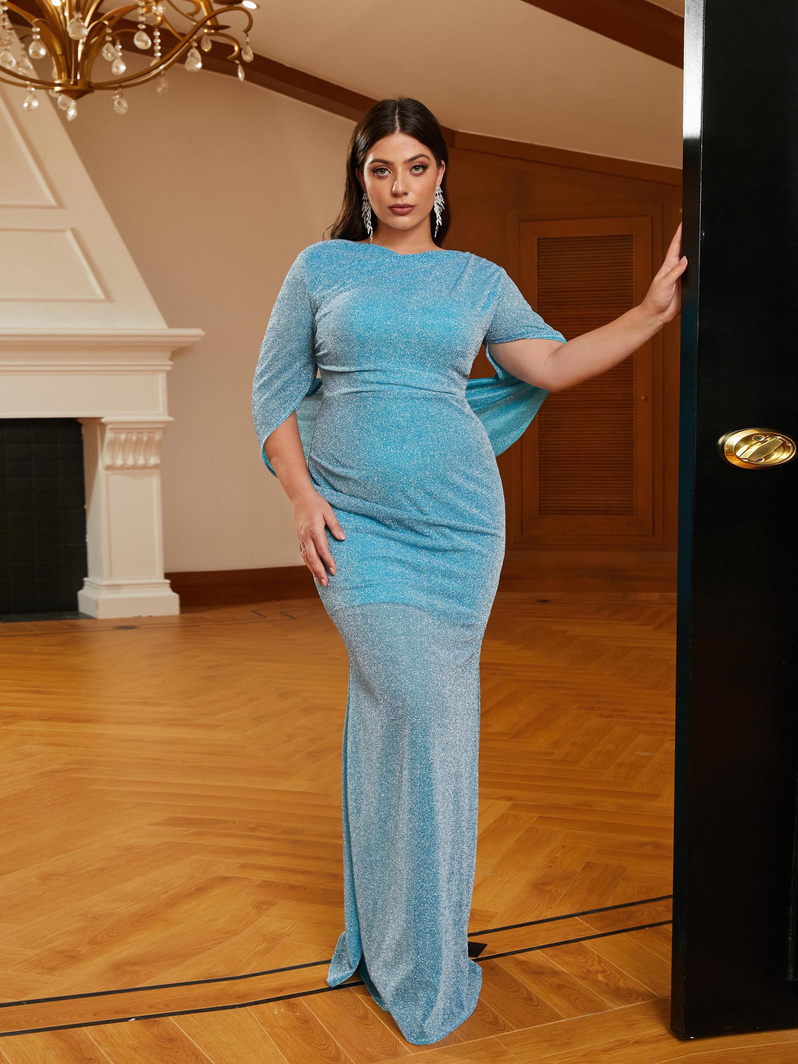 Plus Size Crew Neck Bodycon Sequin Blue Prom Dress PRM21030