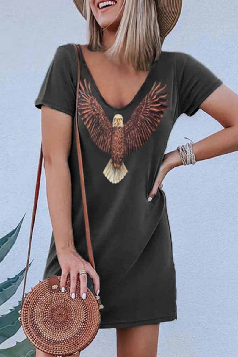 Florcoo Loose V-Neck Eagle Print Short Sleeves Mini Dress - Fashionpara