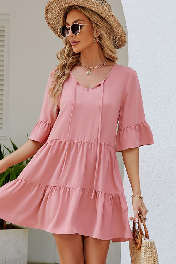 Solid Color Ruffled Hem Casual Dress - Fashionpara