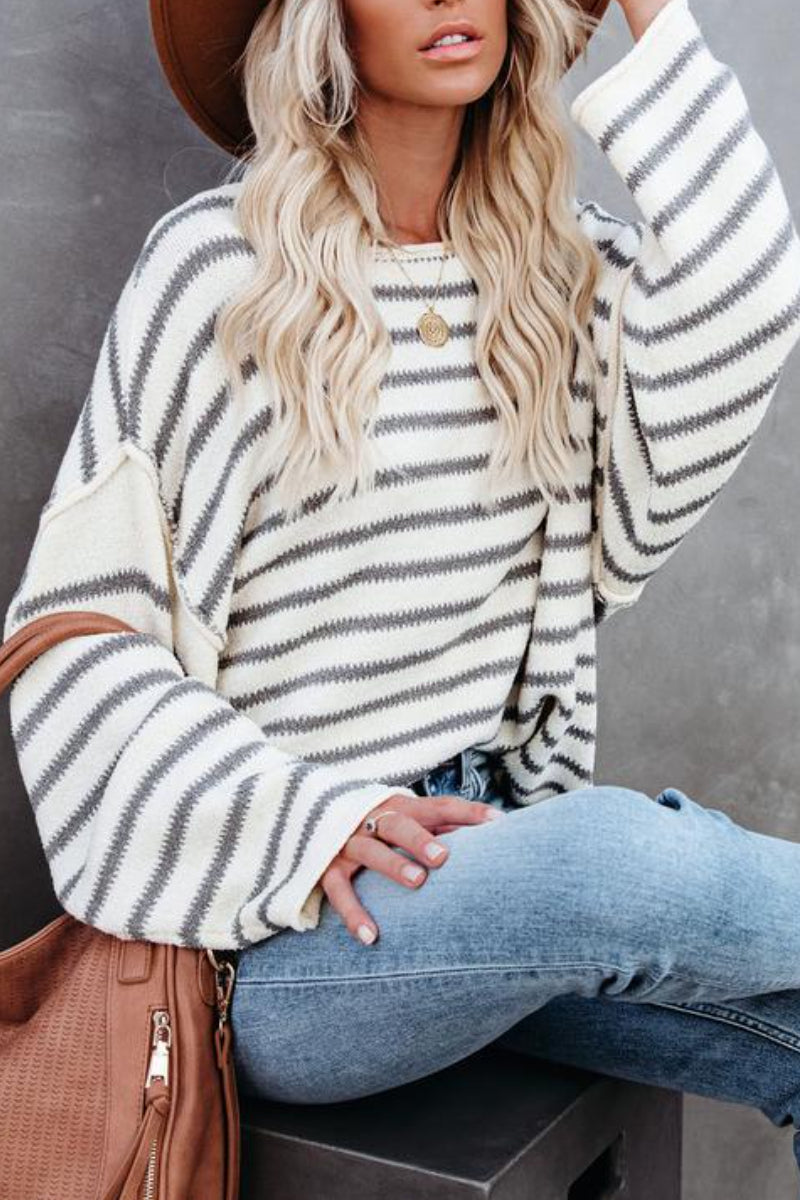 O Neck Striped Loose White Sweater