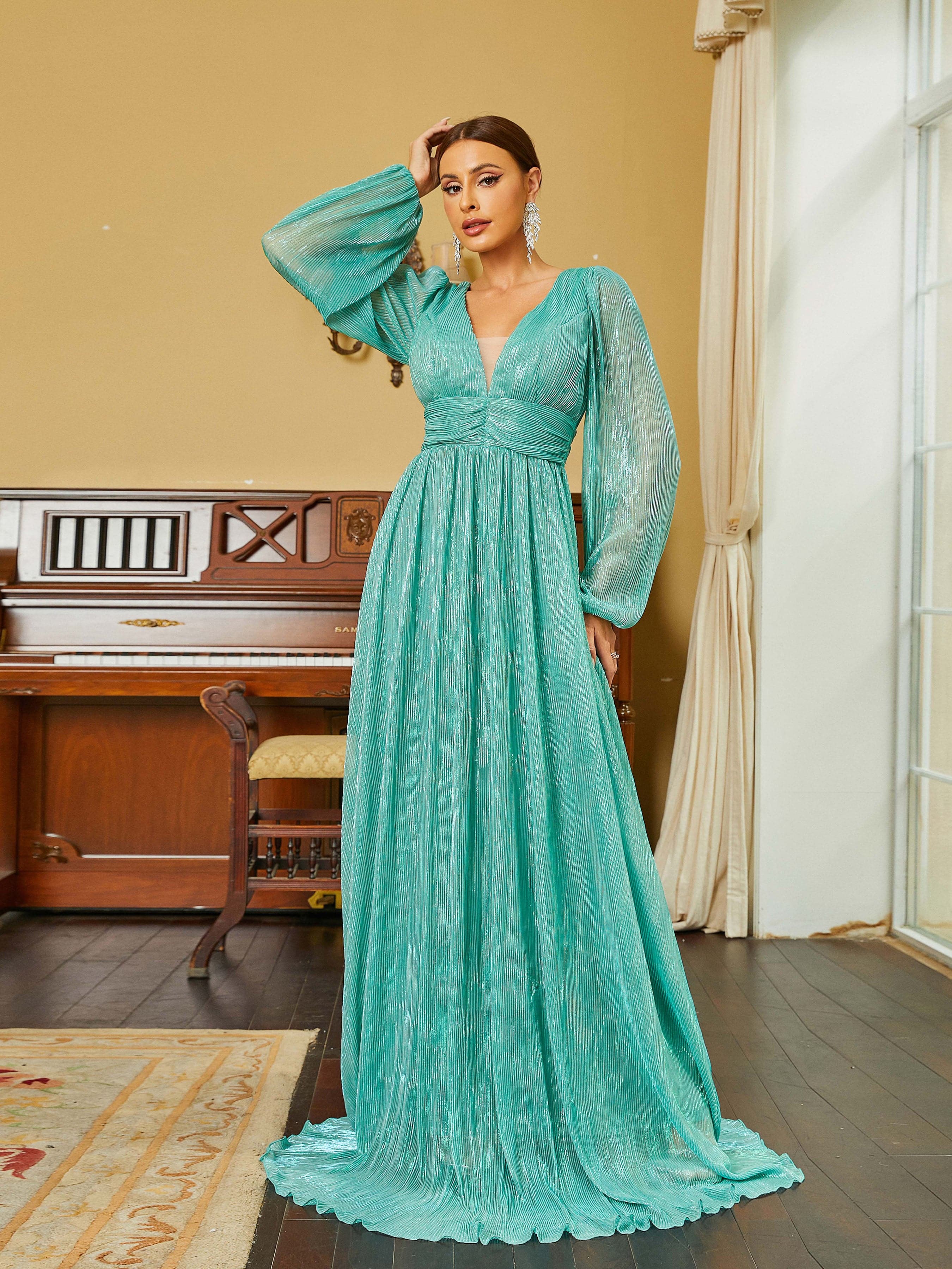 Deep V-Neck A-Line Maxi Green Prom Dress RJ10279