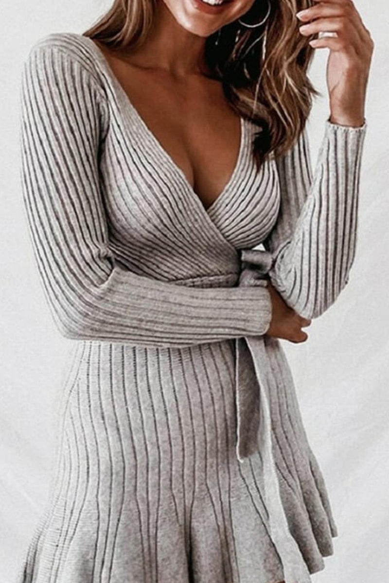 Solid Ribbed V-Neck Casual Long Sweater Dress