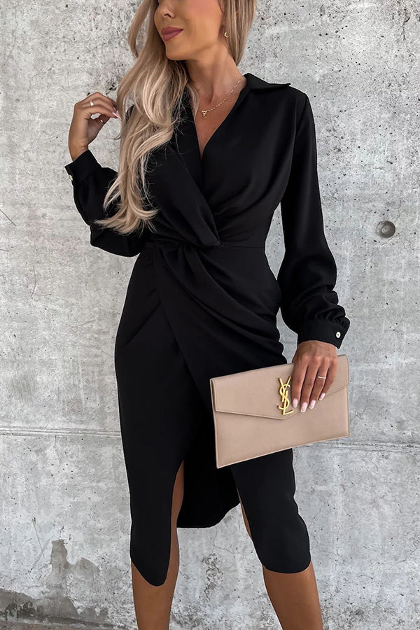 Twist V Neck Slit Midi Dress - Fashionpara