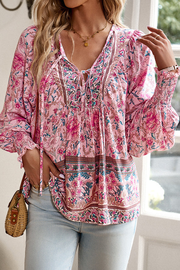 V Neck Floral Print Long Sleeve Casual Tops