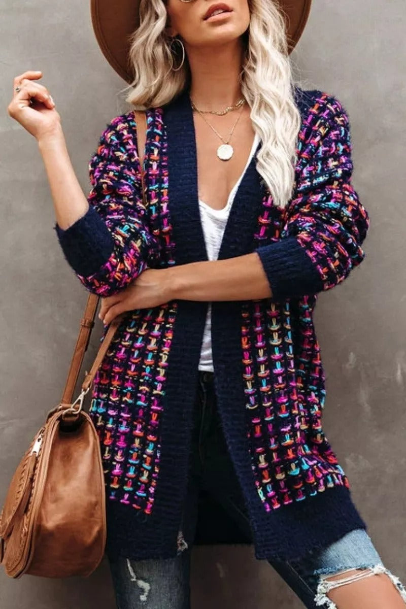 Vintage Patchwork Houndstooth Design Loose Cardigan (3 Colors)