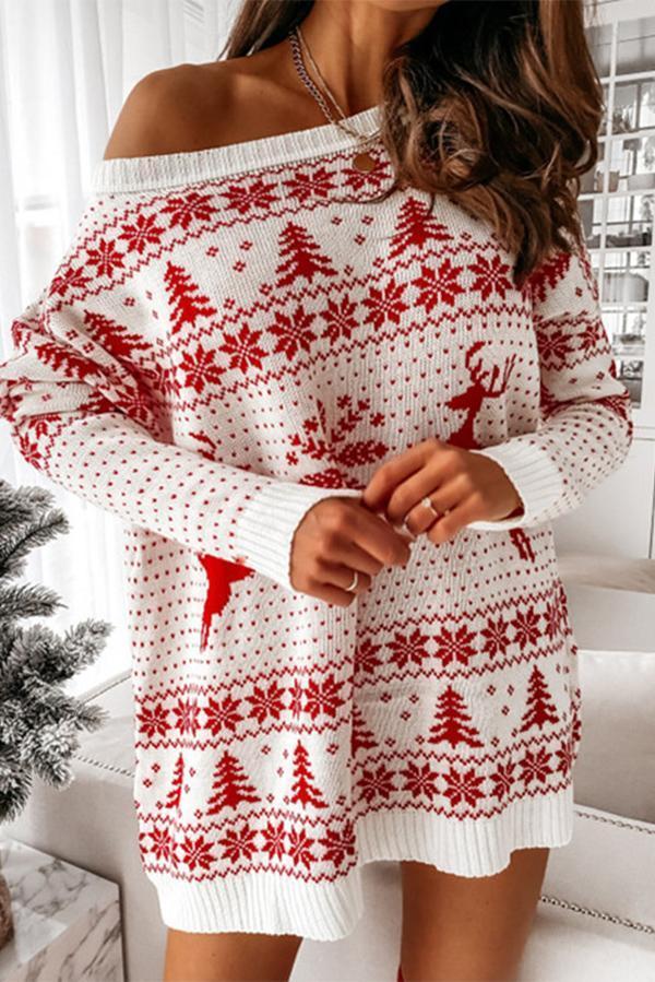 Christmas Print Dew Shoulder Sweater Dress - Fashionpara