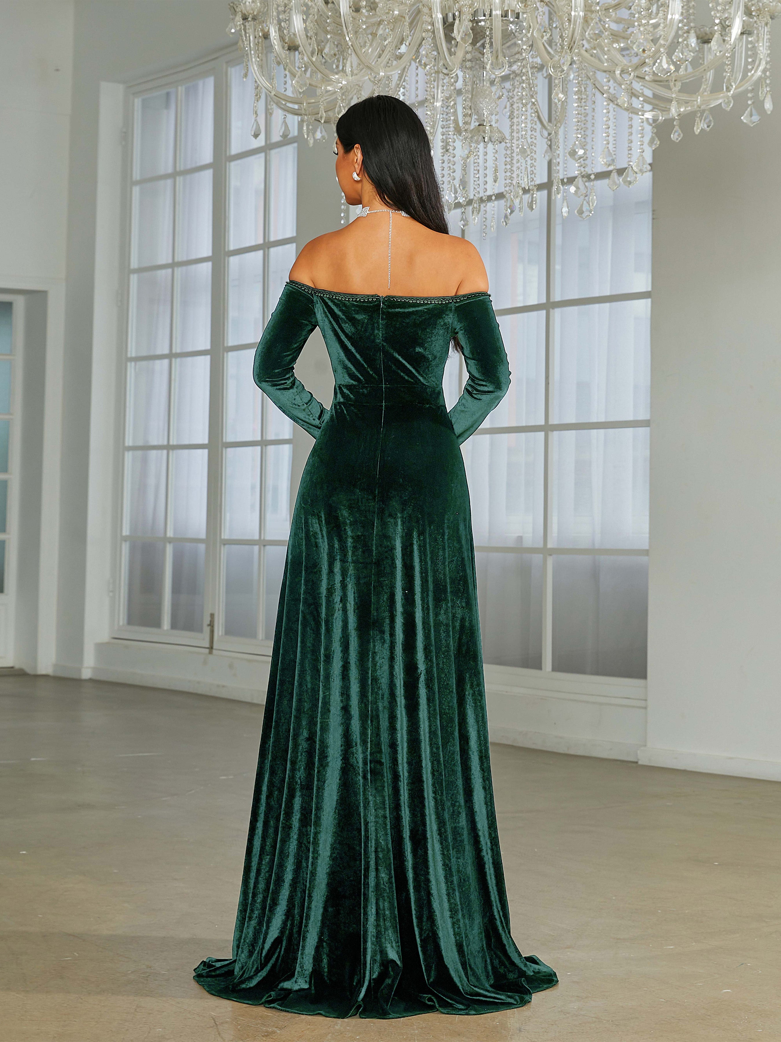 Off The Shoulder High Split Black Velvet Evening Dress XJ1946