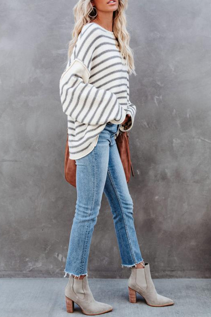 O Neck Striped Loose White Sweater