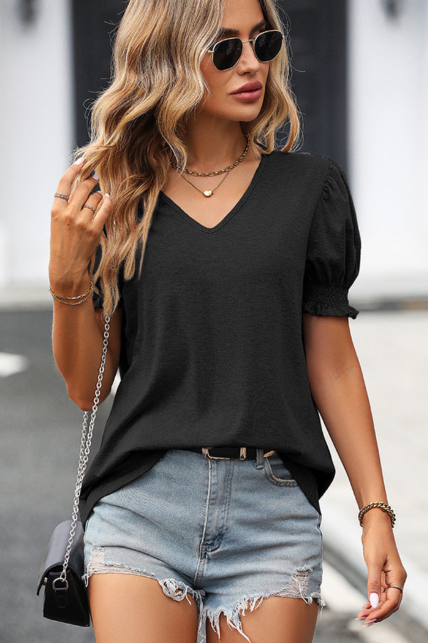 Solid Color V Neck Puff Sleeve Casual Tops