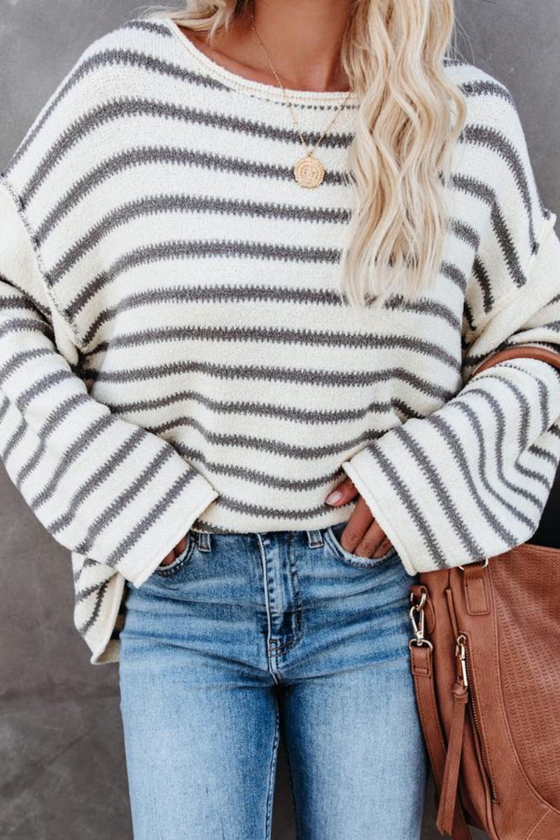 O Neck Striped Loose White Sweater