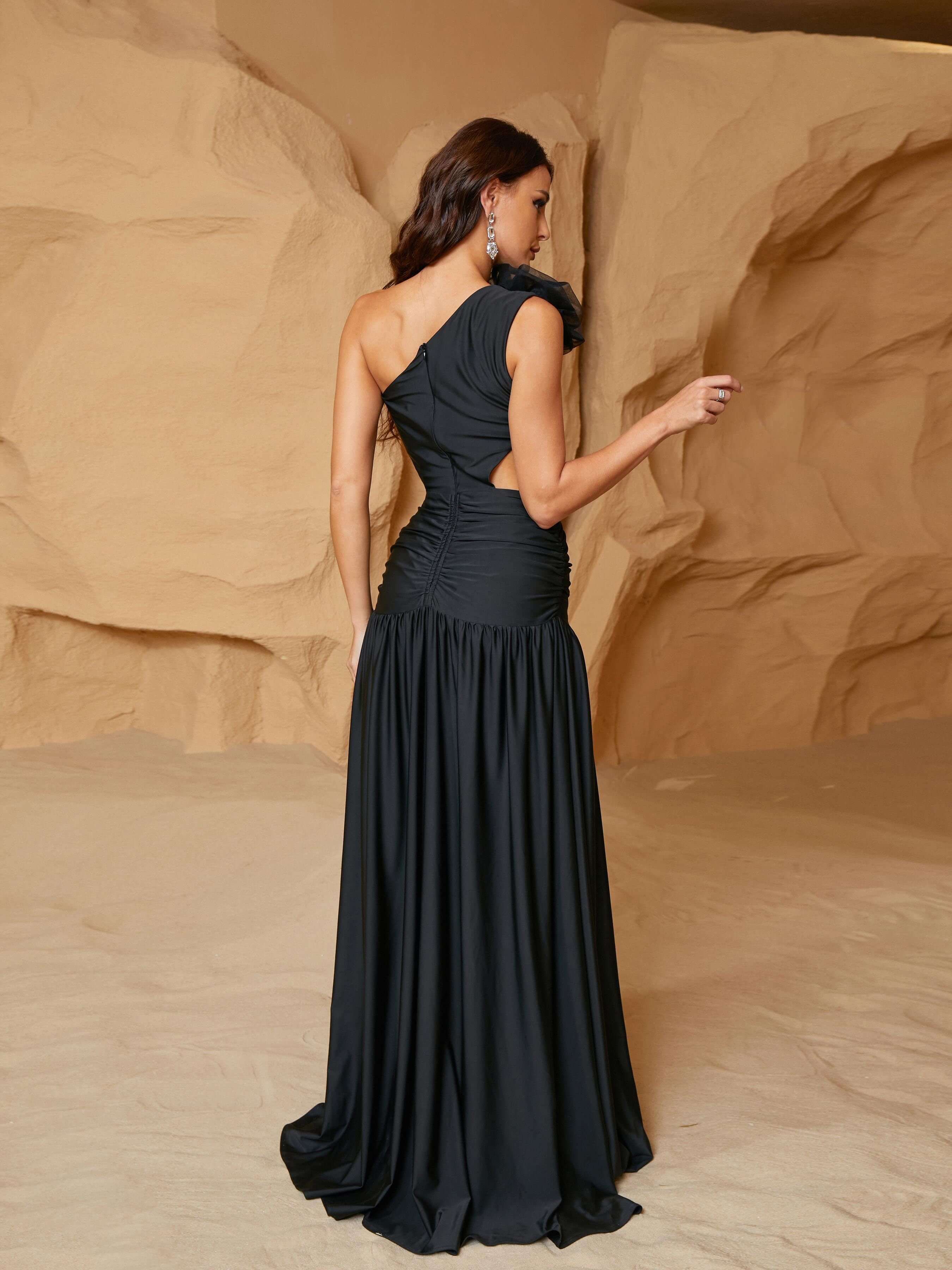 One Shoulder Appliqued Pleated Cutout Prom Dress RJ11073