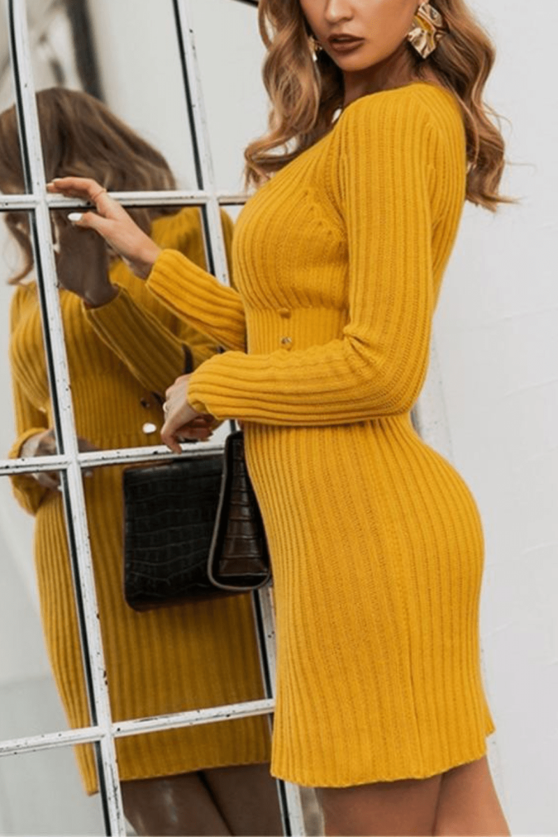 V Neck Yellow Sweater Mini Dress