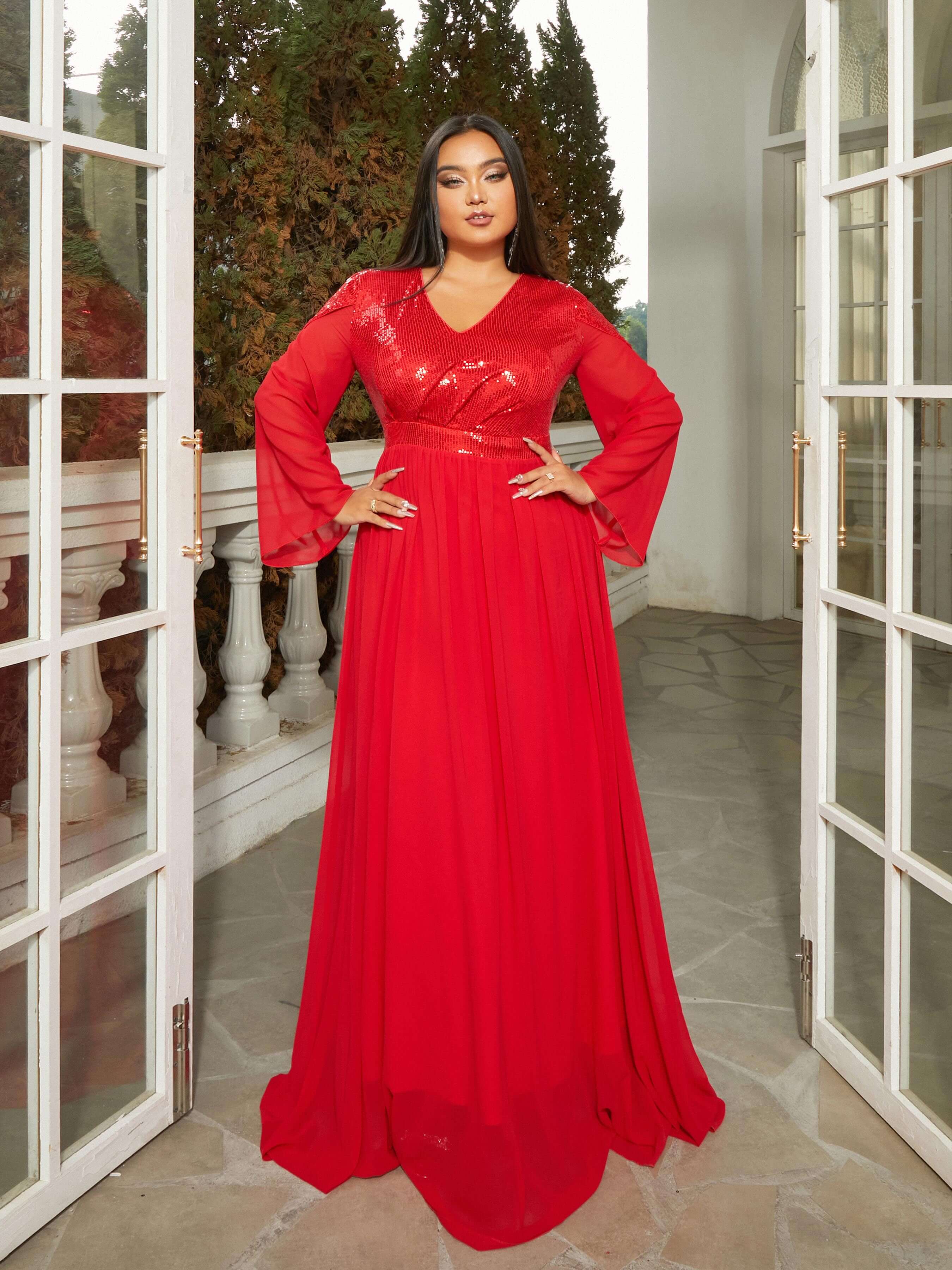 Plus Size V-neck Bell Sleeve Tulle Red Prom Dress PRM21168