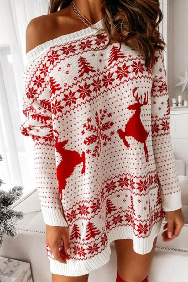 Christmas Print Dew Shoulder Sweater Dress - Fashionpara