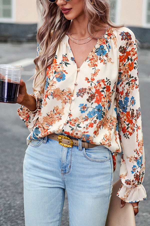 Floral Print V Neck T-shirt Tops