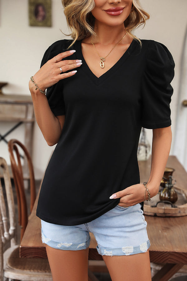 Solid Color V Neck Ruffle Sleeve Casual Tops