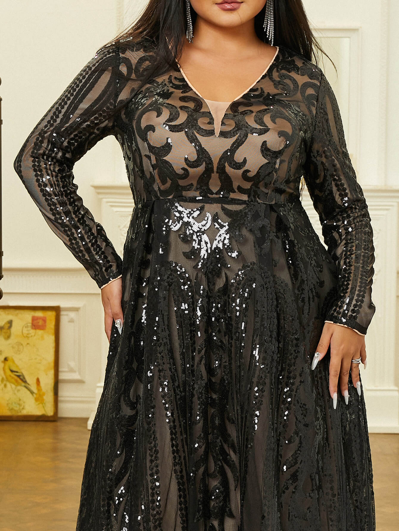 Plus Size V-neck Black Sequin Prom Dress PRJ10179