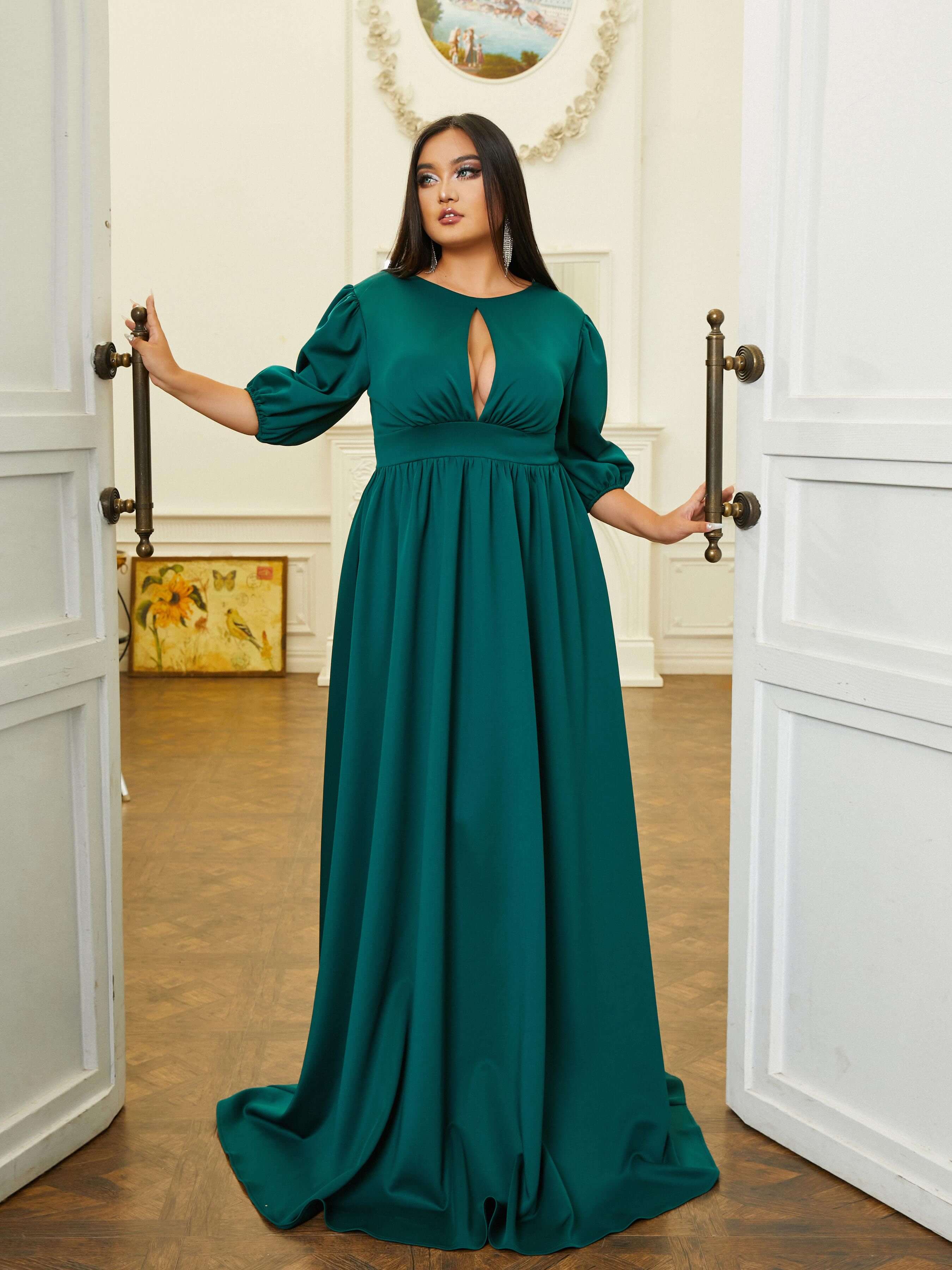 Plus Size Cutout Ballon Sleeve A-line Prom Dress PRM20986